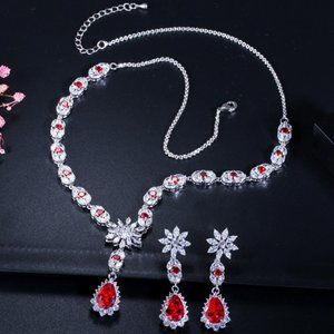 CREATED RUBY EARRINGS & NECKLACE 18K WHITE GOLD OVER STERLING SILVER SET